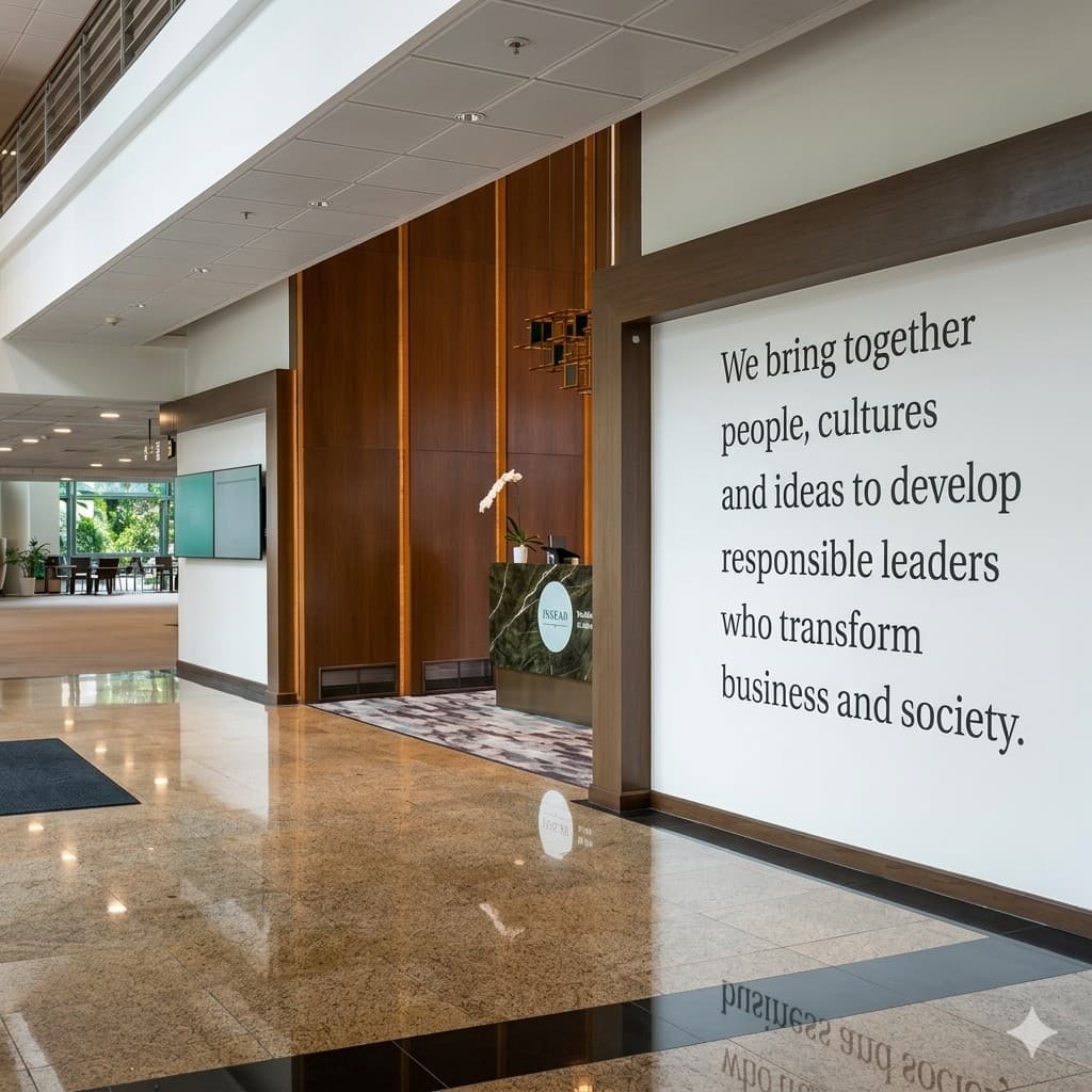 INSEAD キャンパスのロビー。磨かれた床、レセプション、ミッションステートメントが掲げられた壁